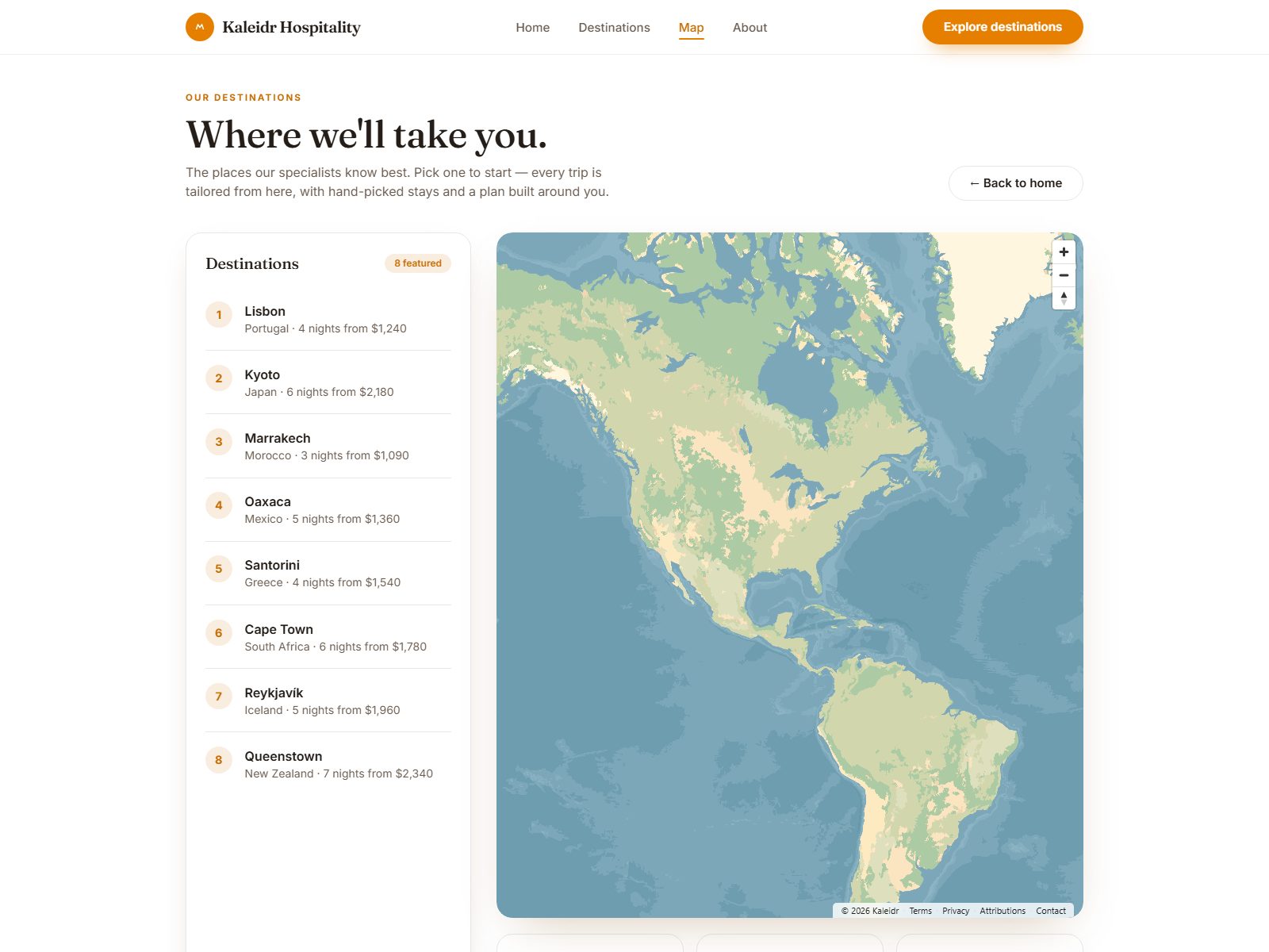 Hospitality website template with a live Kaleidr map