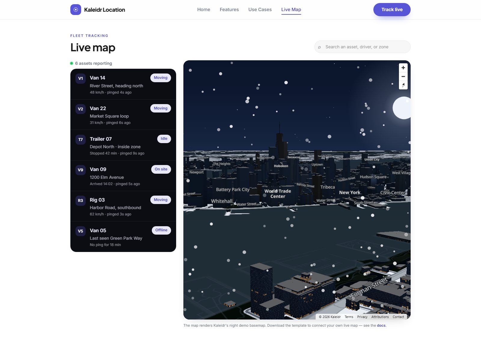 Fleet and asset tracking website template with a live Kaleidr map