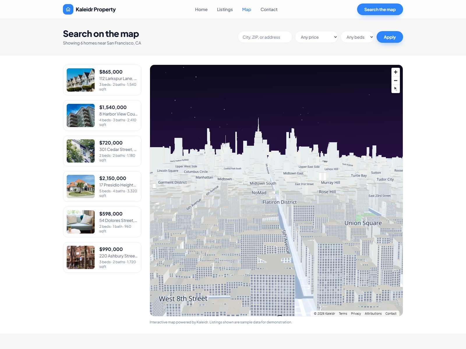 Property website template with a live Kaleidr map