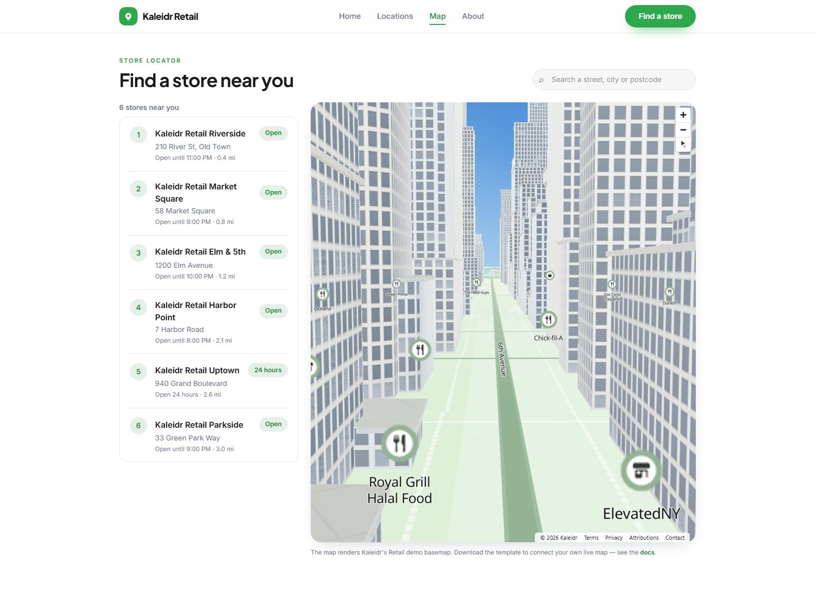 Retail website template with a live Kaleidr map